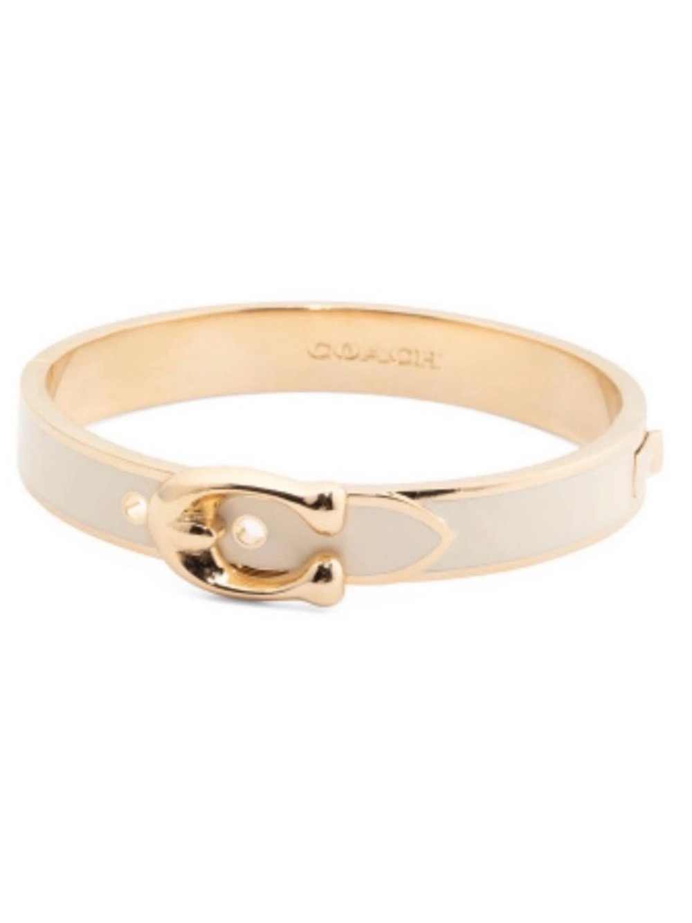 NWT COACH Buckle Bangle Signature C Gold Plated & Chalk Enamel Hinged Bracelet